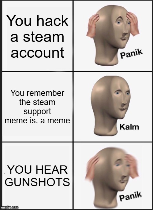 Steam support. | You hack a steam account; You remember the steam support meme is. a meme; YOU HEAR GUNSHOTS | image tagged in panik calm panik | made w/ Imgflip meme maker