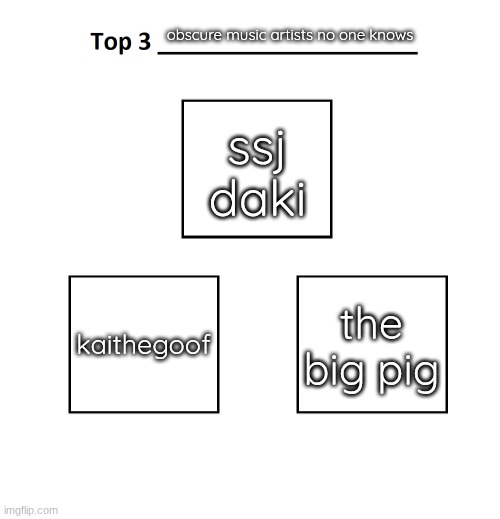top 3 | obscure music artists no one knows; ssj daki; kaithegoof; the big pig | image tagged in top 3 | made w/ Imgflip meme maker
