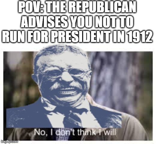 He Ran and Split the Vote | POV: THE REPUBLICAN ADVISES YOU NOT TO RUN FOR PRESIDENT IN 1912 | image tagged in no i don't think i will | made w/ Imgflip meme maker