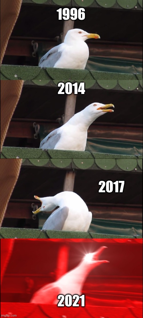 Evolution of Donald Duck's voice | 1996; 2014; 2017; 2021 | image tagged in memes,inhaling seagull,donald duck,mickey and the roadster racers | made w/ Imgflip meme maker