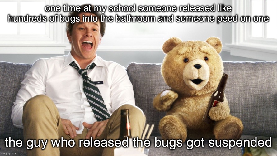 ted | one time at my school someone released like hundreds of bugs into the bathroom and someone peed on one; the guy who released the bugs got suspended | image tagged in ted | made w/ Imgflip meme maker