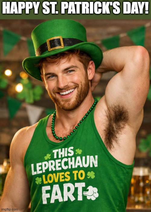 Happy St. Patrick's Day! | HAPPY ST. PATRICK'S DAY! | image tagged in leprechaun,fart,armpit,funny,memes,st patrick's day | made w/ Imgflip meme maker