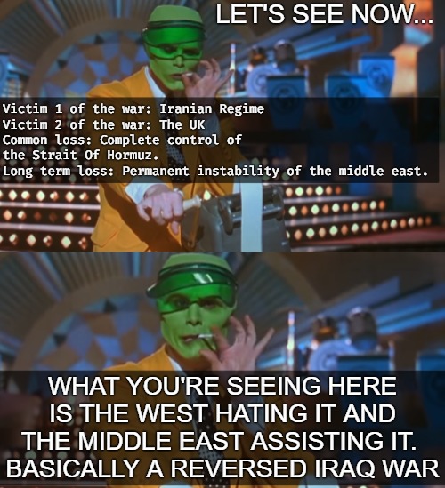 The same exact western propaganda machine you saw preaching for the Iraq War, is used once again... | LET'S SEE NOW... | image tagged in iran,politics,iraq war,the mask calculating,british empire | made w/ Imgflip meme maker