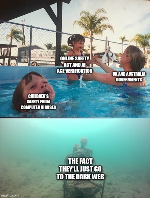 " OSA > children's safety against computer viruses " (idk if it's relatable but the OSA surely is insane >:/) | ONLINE SAFETY ACT AND AI AGE VERIFICATION; UK AND AUSTRALIA GOVERNMENTS; CHILDREN'S SAFETY FROM COMPUTER VIRUSES; THE FACT THEY'LL JUST GO TO THE DARK WEB | image tagged in mother ignoring kid drowning in a pool | made w/ Imgflip meme maker