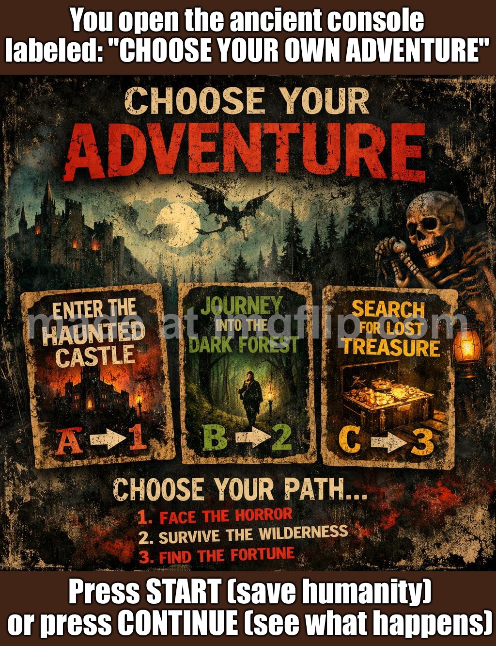 YOU FIND A TERMINAL LABELED: "CHOOSE YOUR FUTURE"; PRESS START: UTOPIA | PRESS ANY OTHER KEY: APOCALYPSE | You open the ancient console labeled: "CHOOSE YOUR OWN ADVENTURE"; Press START (save humanity) or press CONTINUE (see what happens) | image tagged in choose your own adventure general,apocalypse,humanity,humanity restored,gaming,futuristic utopia | made w/ Imgflip meme maker