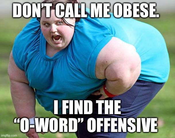 The O Word | DON’T CALL ME OBESE. I FIND THE “O-WORD” OFFENSIVE | image tagged in fat woman,offensive,obese,woke | made w/ Imgflip meme maker