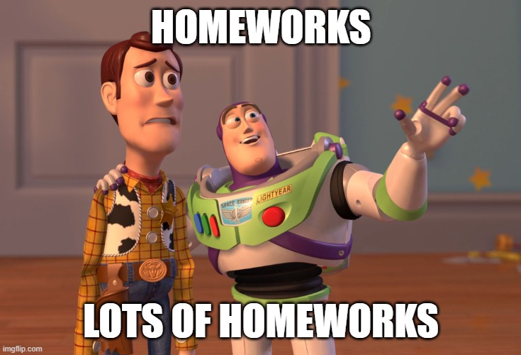 X, X Everywhere | HOMEWORKS; LOTS OF HOMEWORKS | image tagged in memes,x x everywhere | made w/ Imgflip meme maker