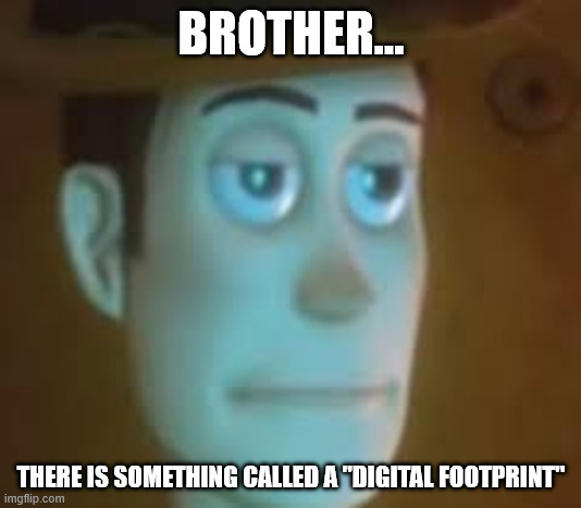 BROTHER... THERE IS SOMETHING CALLED A "DIGITAL FOOTPRINT" | image tagged in dissapointed woody | made w/ Imgflip meme maker