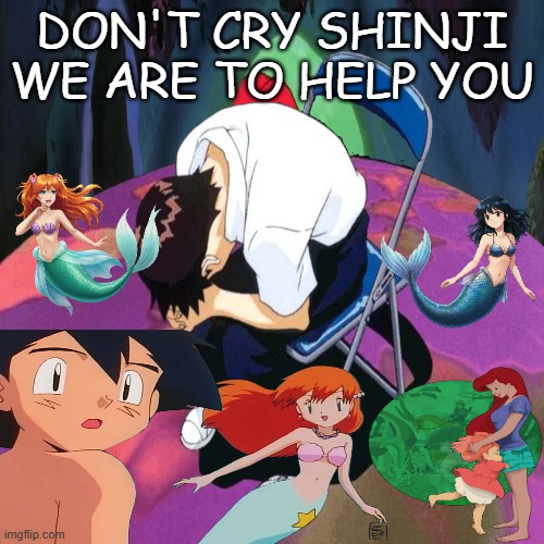 shinji crying in ariel's grotto | DON'T CRY SHINJI WE ARE TO HELP YOU | image tagged in shinji crying in ariel's grotto,anime,neon genesis evangelion,the little mermaid,crossover memes,anime memes | made w/ Imgflip meme maker
