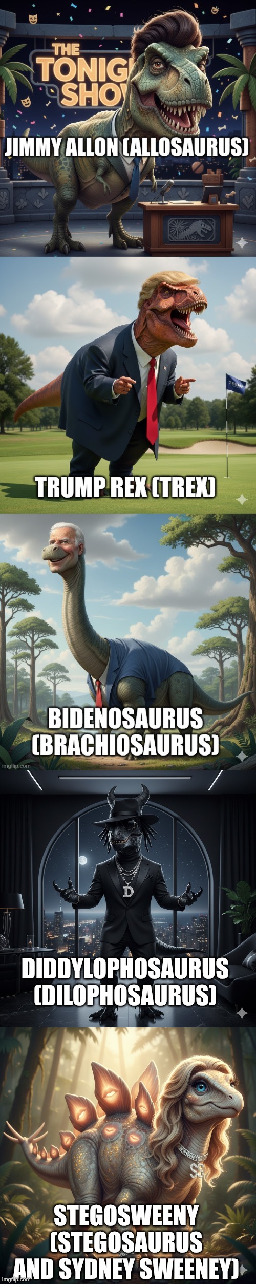 you upvote withered Epstein and not this!? | DIDDYLOPHOSAURUS (DILOPHOSAURUS); STEGOSWEENY (STEGOSAURUS AND SYDNEY SWEENEY) | image tagged in dinosaurs | made w/ Imgflip meme maker