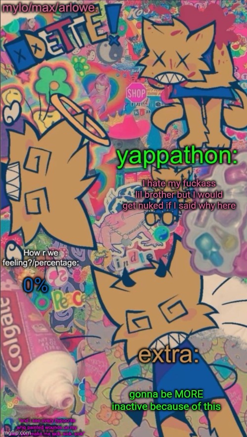 arloweberry’s stomach book temp | I hate my fuckass lil brother but I would get nuked if I said why here; 0%; gonna be MORE inactive because of this | image tagged in arloweberry s stomach book temp | made w/ Imgflip meme maker