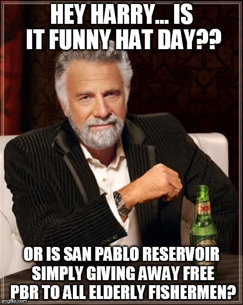 The Most Interesting Man In The World Meme | HEY HARRY... IS IT FUNNY HAT DAY?? OR IS SAN PABLO RESERVOIR SIMPLY GIVING AWAY FREE PBR TO ALL ELDERLY FISHERMEN? | image tagged in memes,the most interesting man in the world | made w/ Imgflip meme maker