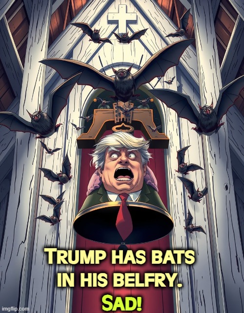 Trump has bats in his belfry. Sad! | image tagged in trump,bats,belfry,nuts,insane,crazy | made w/ Imgflip meme maker