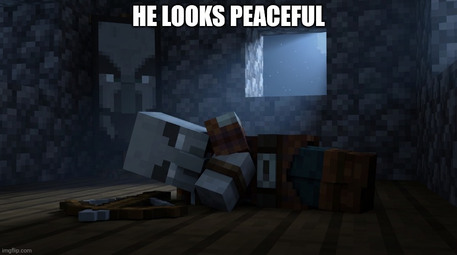 Pillager That Is An Illager Captain Sleeping | HE LOOKS PEACEFUL | image tagged in pillager that is an illager captain sleeping | made w/ Imgflip meme maker