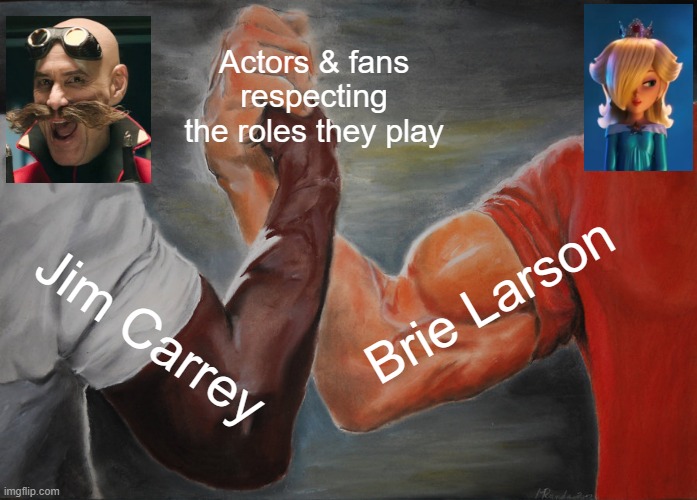 Peak casting | Actors & fans respecting the roles they play; Brie Larson; Jim Carrey | image tagged in memes,epic handshake | made w/ Imgflip meme maker