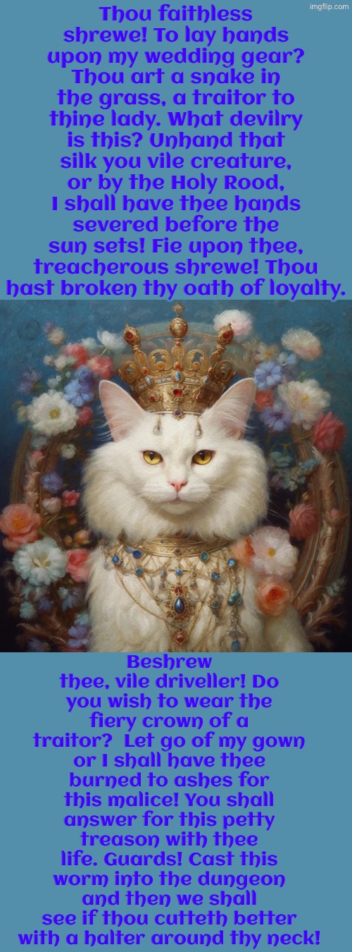 Beshrew Thee, Vile Driveller | Thou faithless shrewe! To lay hands upon my wedding gear? Thou art a snake in the grass, a traitor to thine lady. What devilry is this? Unhand that silk you vile creature, or by the Holy Rood, I shall have thee hands severed before the sun sets! Fie upon thee, treacherous shrewe! Thou hast broken thy oath of loyalty. Beshrew thee, vile driveller! Do you wish to wear the fiery crown of a traitor?  Let go of my gown or I shall have thee burned to ashes for this malice! You shall answer for this petty treason with thee life. Guards! Cast this worm into the dungeon and then we shall see if thou cutteth better with a halter around thy neck! | image tagged in cats,medieval memes,princess,royal wedding,funny cats,execution | made w/ Imgflip meme maker