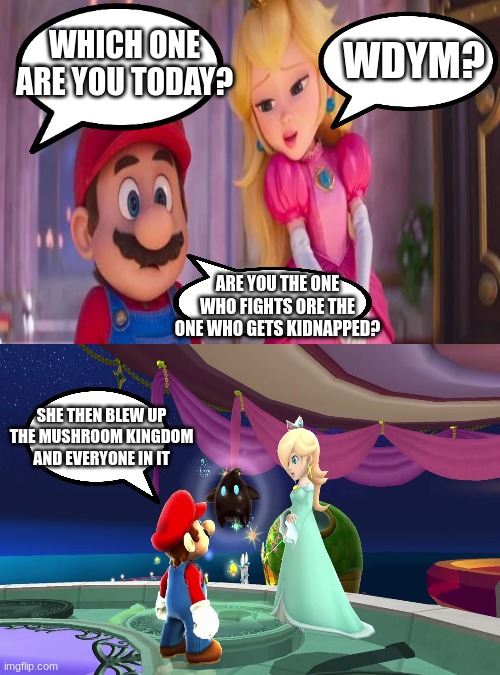mario memes 'til new movie (week 2) | WDYM? WHICH ONE ARE YOU TODAY? ARE YOU THE ONE WHO FIGHTS ORE THE ONE WHO GETS KIDNAPPED? SHE THEN BLEW UP THE MUSHROOM KINGDOM AND EVERYONE IN IT | image tagged in super mario,memes | made w/ Imgflip meme maker