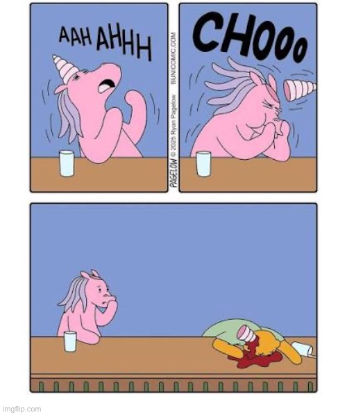 Whoops! | image tagged in comics,buni comics,unicorn,bar,sneeze,accidental death | made w/ Imgflip meme maker