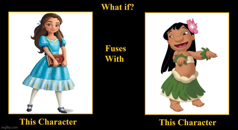 Isabel Castillo Flores Fuses With Lilo Pelekai (2) | image tagged in what if fuses,lilo and stitch,lilo pelekai,isabel castillo flores,elena of avalor,little sister | made w/ Imgflip meme maker