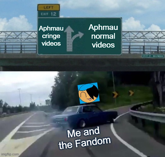 I choose the second option with Fandom | Aphmau cringe videos; Aphmau normal videos; Me and the Fandom | image tagged in memes,left exit 12 off ramp | made w/ Imgflip meme maker