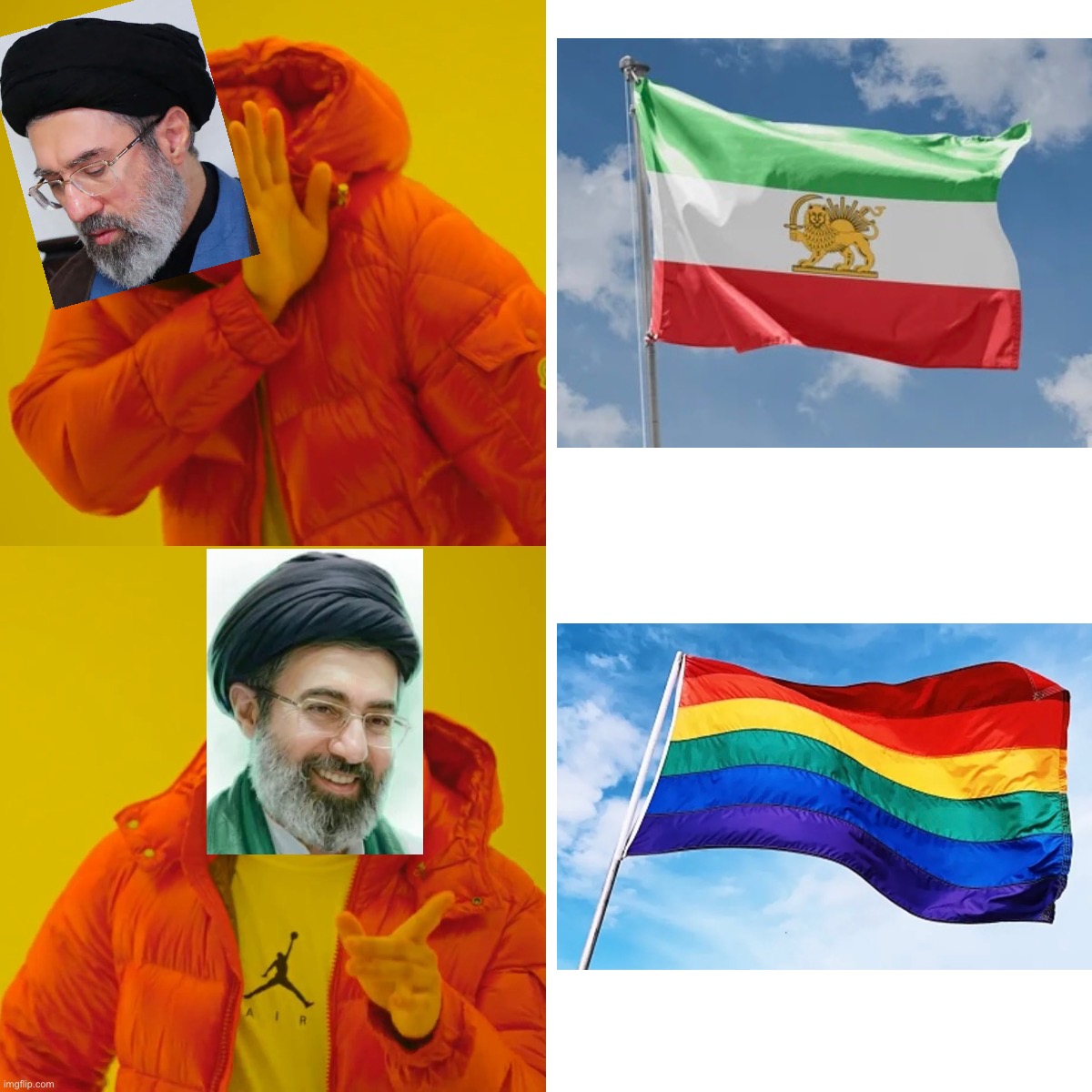 The New Supreme Bleeder of Iran, Gayatollah Mojtaba Khameini | image tagged in memes,drake hotline bling,funny,funny memes,iran,trump | made w/ Imgflip meme maker