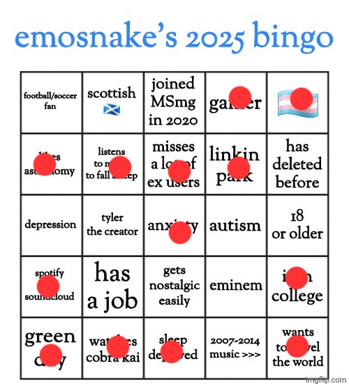 emosnake's 2025 bingo | image tagged in emosnake's 2025 bingo | made w/ Imgflip meme maker