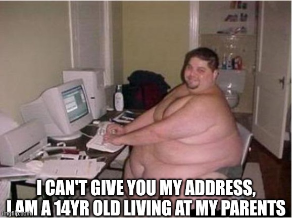 really fat guy on computer | I CAN'T GIVE YOU MY ADDRESS, I AM A 14YR OLD LIVING AT MY PARENTS | image tagged in really fat guy on computer | made w/ Imgflip meme maker