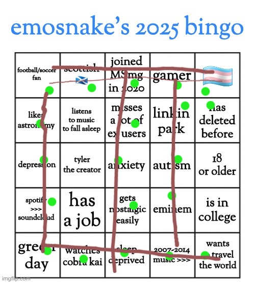 I REMEMBERED TO MARK MY BINGOS THIS TIME | image tagged in emosnake's 2025 bingo | made w/ Imgflip meme maker