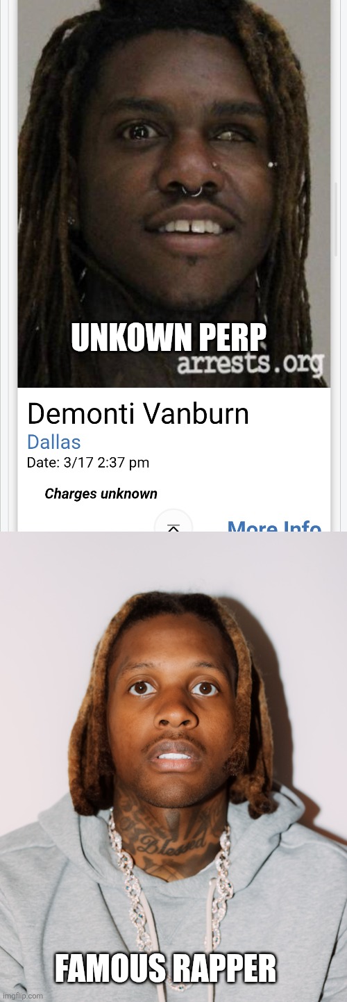 Fine tuned profile skills turned comical look alikes | UNKOWN PERP; FAMOUS RAPPER | image tagged in profiled,look-alike,shitcago | made w/ Imgflip meme maker