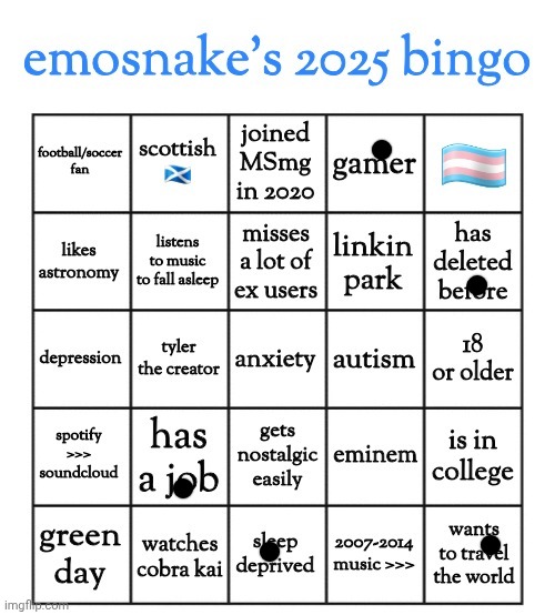 emosnake's 2025 bingo | image tagged in emosnake's 2025 bingo | made w/ Imgflip meme maker