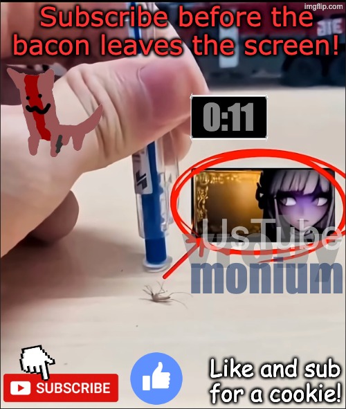Ignore the watermarks | Subscribe before the bacon leaves the screen! 0:11; UsTube; vroby; monium; Like and sub for a cookie! | made w/ Imgflip meme maker