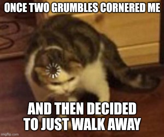 Loading cat | ONCE TWO GRUMBLES CORNERED ME; AND THEN DECIDED TO JUST WALK AWAY | image tagged in loading cat | made w/ Imgflip meme maker
