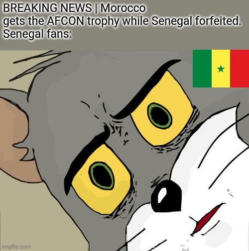 Morocco wins the AFCON in an IMPROBABLE way | BREAKING NEWS | Morocco gets the AFCON trophy while Senegal forfeited.
Senegal fans: | image tagged in memes,unsettled tom,morocco,senegal,sports,afcon | made w/ Imgflip meme maker