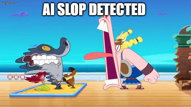 Viking screaming at Zig, Marina, and Sharko | AI SLOP DETECTED | image tagged in viking screaming at zig marina and sharko | made w/ Imgflip meme maker