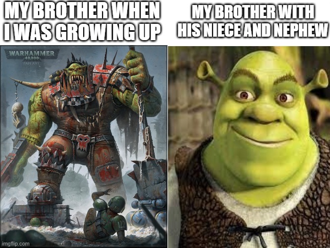 Before vs After | MY BROTHER WHEN I WAS GROWING UP; MY BROTHER WITH HIS NIECE AND NEPHEW | image tagged in before vs after | made w/ Imgflip meme maker
