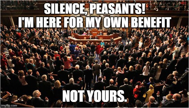 Congress | SILENCE, PEASANTS! I'M HERE FOR MY OWN BENEFIT; NOT YOURS. | image tagged in congress,us government,peasant,americans | made w/ Imgflip meme maker