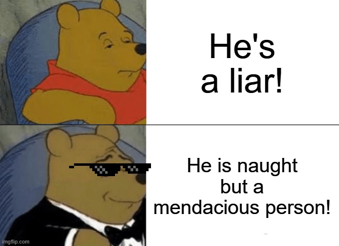 Tuxedo Winnie The Pooh | He's a liar! He is naught but a mendacious person! | image tagged in memes,tuxedo winnie the pooh | made w/ Imgflip meme maker