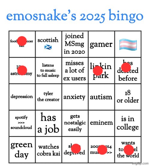 guys am I emosnake | image tagged in emosnake's 2025 bingo | made w/ Imgflip meme maker
