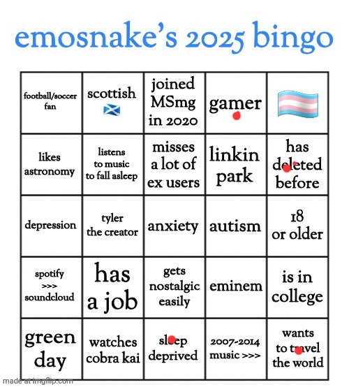 emosnake's 2025 bingo | image tagged in emosnake's 2025 bingo | made w/ Imgflip meme maker