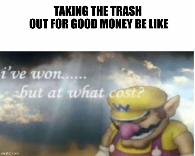 I won but at what cost | TAKING THE TRASH 
OUT FOR GOOD MONEY BE LIKE | image tagged in i won but at what cost | made w/ Imgflip meme maker