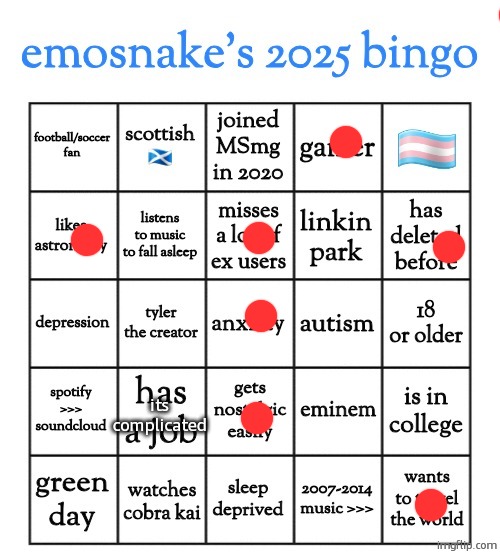 man i only joined imgflip in 2020, not joined msmg | its complicated | image tagged in emosnake's 2025 bingo | made w/ Imgflip meme maker