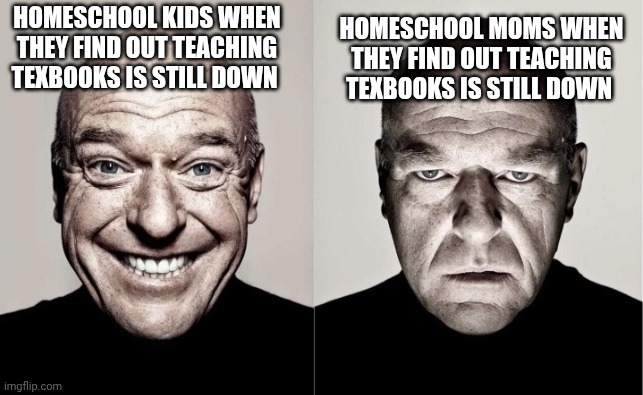 Hank Angry-Happy | HOMESCHOOL KIDS WHEN THEY FIND OUT TEACHING TEXBOOKS IS STILL DOWN; HOMESCHOOL MOMS WHEN THEY FIND OUT TEACHING TEXBOOKS IS STILL DOWN | image tagged in hank angry-happy | made w/ Imgflip meme maker