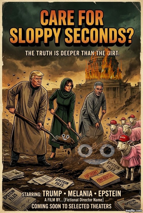 SLOPPY SECONDS | image tagged in ai slop,memes,donald trump,melania trump,jeffrey epstein,shitpost | made w/ Imgflip meme maker