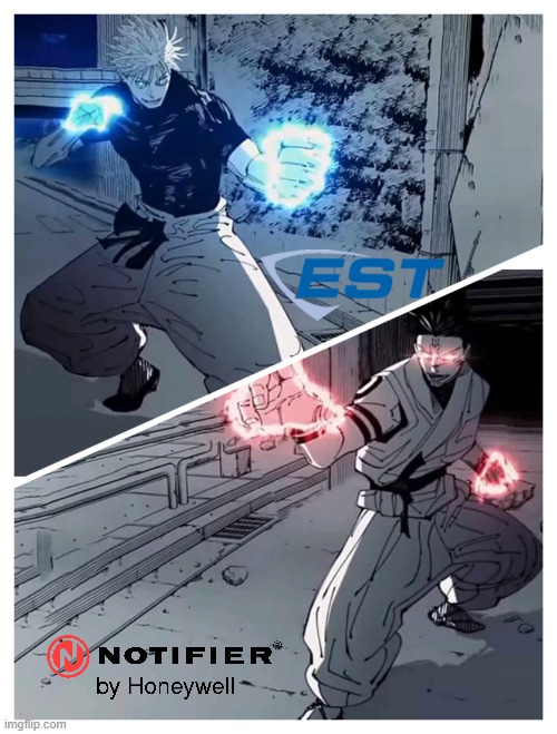 EST vs Notifier | image tagged in gojo vs sukuna meme template,jujutsu kaisen,fire alarm,gojo | made w/ Imgflip meme maker