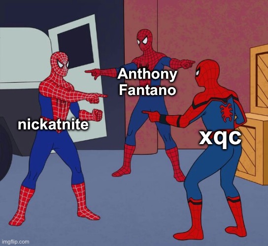 The three kings of bad music takes | Anthony Fantano; nickatnite; xqc | image tagged in spider man triple | made w/ Imgflip meme maker