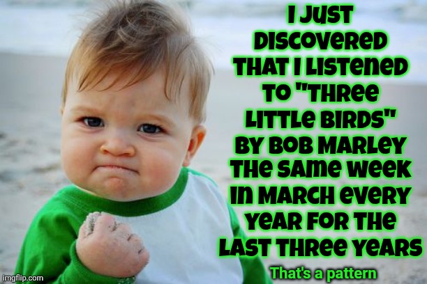 Three Little Birds | I just discovered that I listened to "Three Little Birds" by Bob Marley; the same week in March every year for the last three years; That's a pattern | image tagged in memes,success kid original,bob marley,three little birds,don't worry bout a thing,every little thing is gonna be alright | made w/ Imgflip meme maker