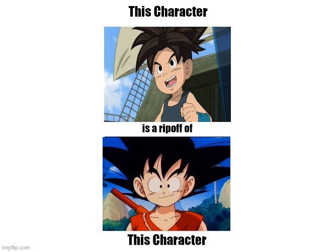 this goku reject is a ripoff of kid goku | image tagged in this character is a ripoff of this character,goku,dragon ball z,dragon ball,blue dragon,lawsuit | made w/ Imgflip meme maker