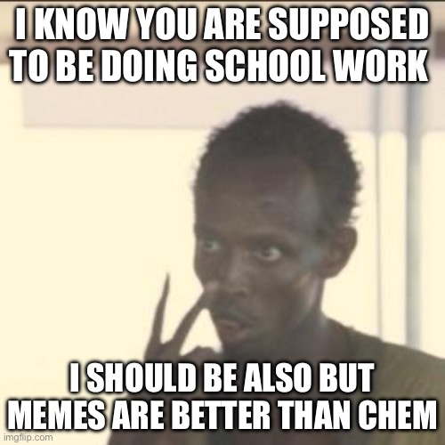Failed meme | I KNOW YOU ARE SUPPOSED TO BE DOING SCHOOL WORK; I SHOULD BE ALSO BUT MEMES ARE BETTER THAN CHEMISTRY | image tagged in memes,look at me | made w/ Imgflip meme maker