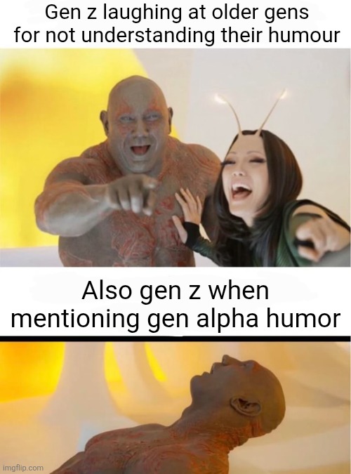 "Only WE funny. alpha can be no funny." | Gen z laughing at older gens for not understanding their humour; Also gen z when mentioning gen alpha humor | image tagged in star trek laughing 2 panels,gen z,gen alpha,gen z humor,generation,humour | made w/ Imgflip meme maker