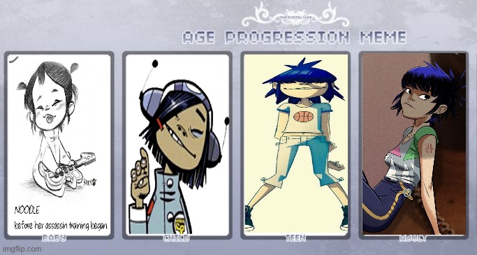 Noodle’s age progression (Gorillaz) | image tagged in age progression,then and now,evolution,gorillaz,noodle,cute | made w/ Imgflip meme maker